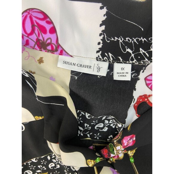 Susan Graver Women's 1X Top Fashion Girl Print Button Up Artsy Art To Wear Bold - Picture 3 of 9